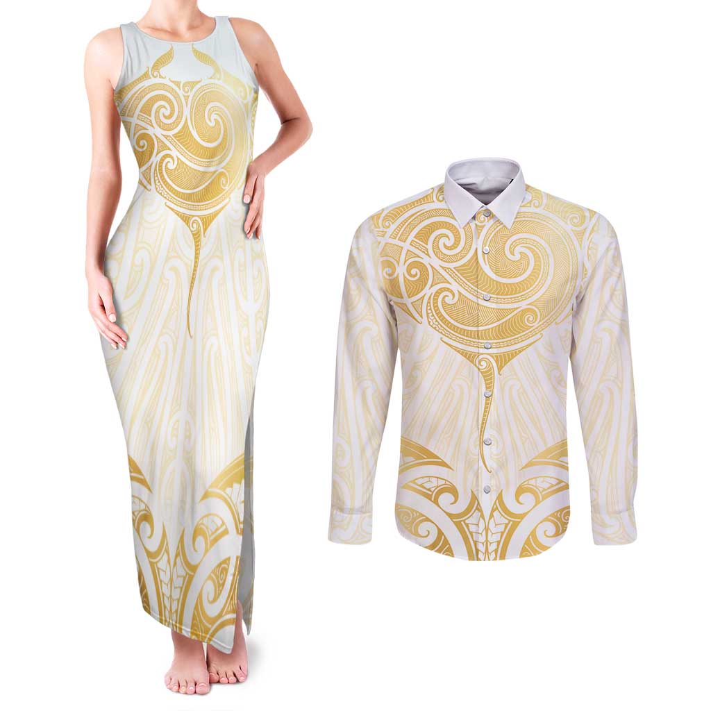 Gold White New Zealand Manta Ray Couples Matching Tank Maxi Dress and Long Sleeve Button Shirt Aotearoa Maori Haehae - Aussie Hoodie