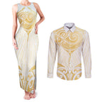 Gold White New Zealand Manta Ray Couples Matching Tank Maxi Dress and Long Sleeve Button Shirt Aotearoa Maori Haehae - Aussie Hoodie