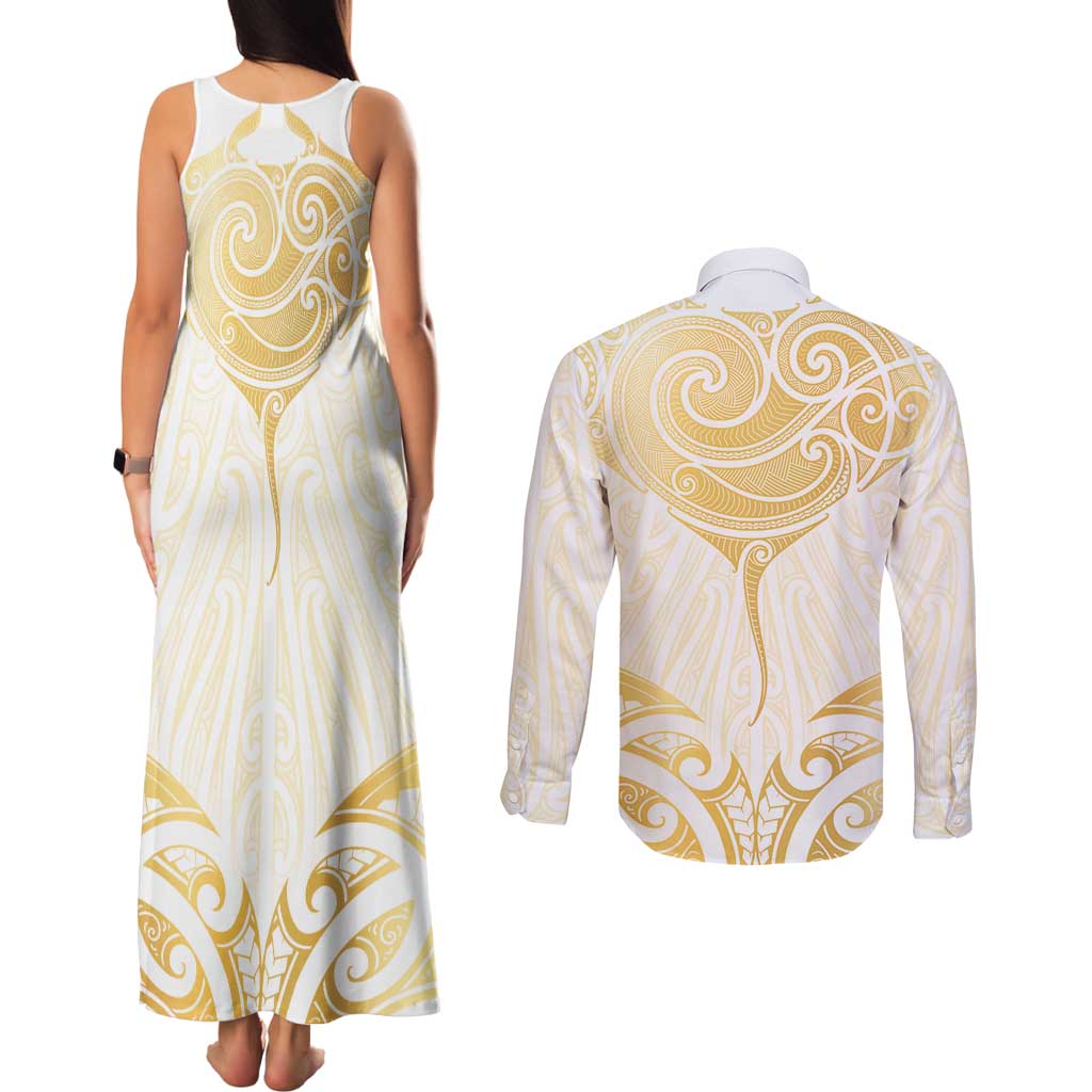 Gold White New Zealand Manta Ray Couples Matching Tank Maxi Dress and Long Sleeve Button Shirt Aotearoa Maori Haehae - Aussie Hoodie