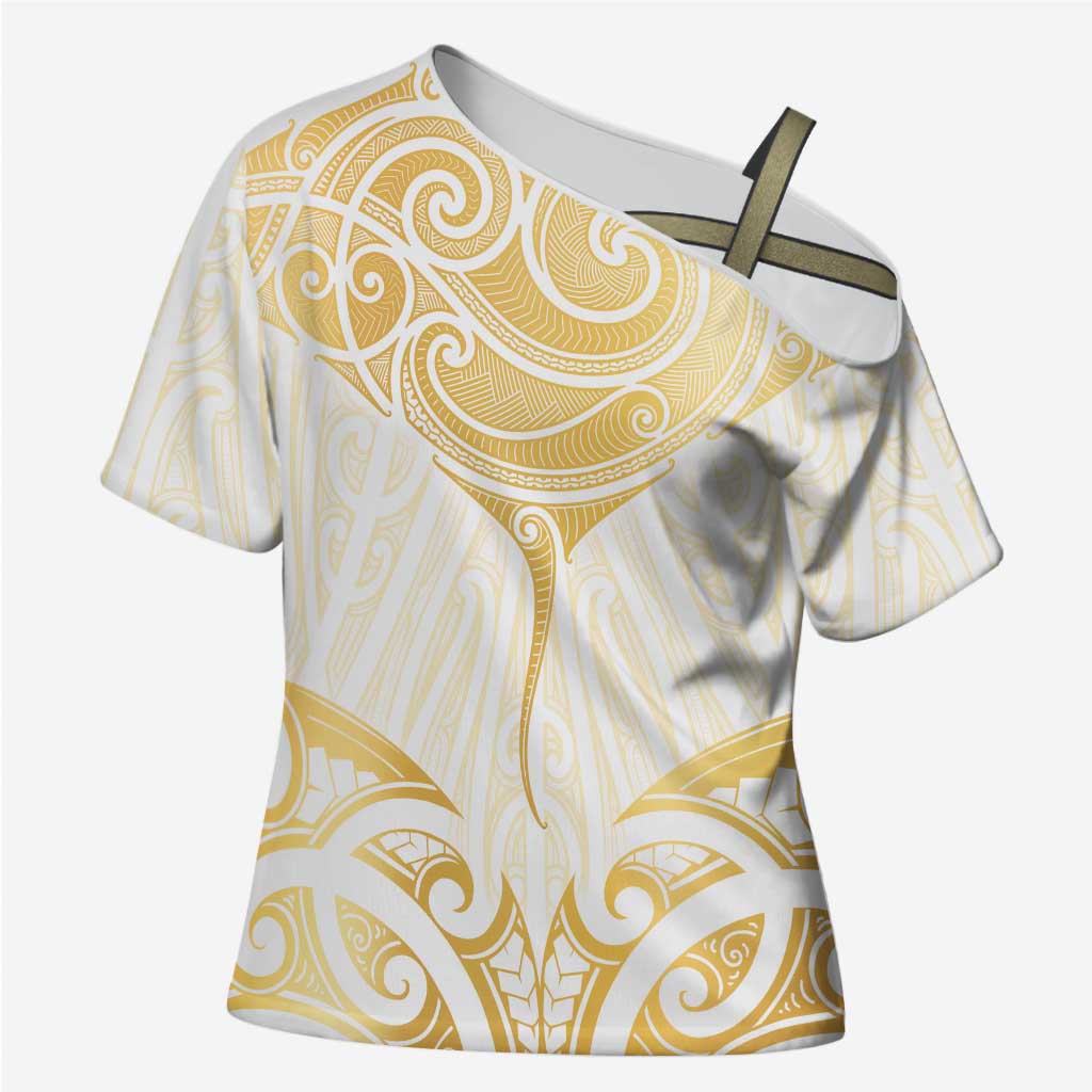 Gold White New Zealand Manta Ray Cross Shoulder Shirt Aotearoa Maori Haehae - Aussie Hoodie