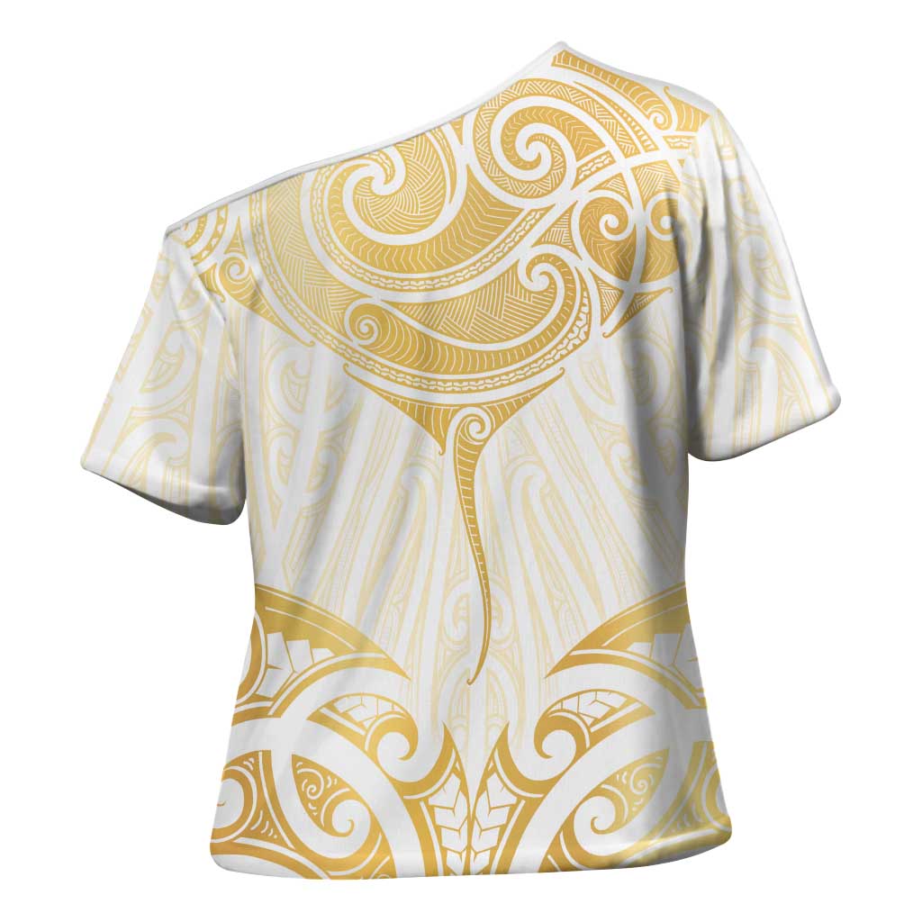 Gold White New Zealand Manta Ray Cross Shoulder Shirt Aotearoa Maori Haehae - Aussie Hoodie