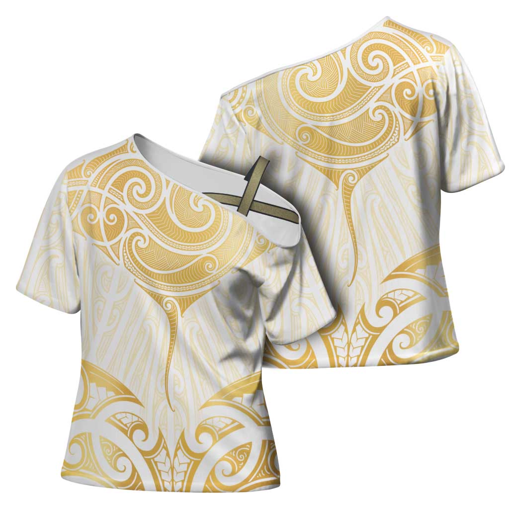 Gold White New Zealand Manta Ray Cross Shoulder Shirt Aotearoa Maori Haehae - Aussie Hoodie