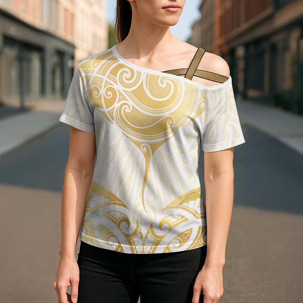 Gold White New Zealand Manta Ray Cross Shoulder Shirt Aotearoa Maori Haehae - Aussie Hoodie
