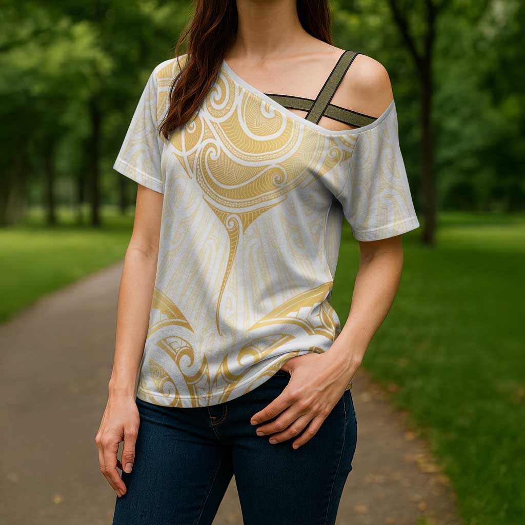 Gold White New Zealand Manta Ray Cross Shoulder Shirt Aotearoa Maori Haehae - Aussie Hoodie