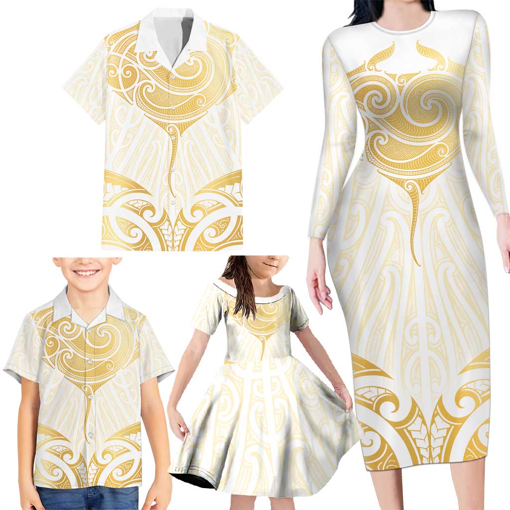 Gold White New Zealand Manta Ray Family Matching Long Sleeve Bodycon Dress and Hawaiian Shirt Aotearoa Maori Haehae - Aussie Hoodie
