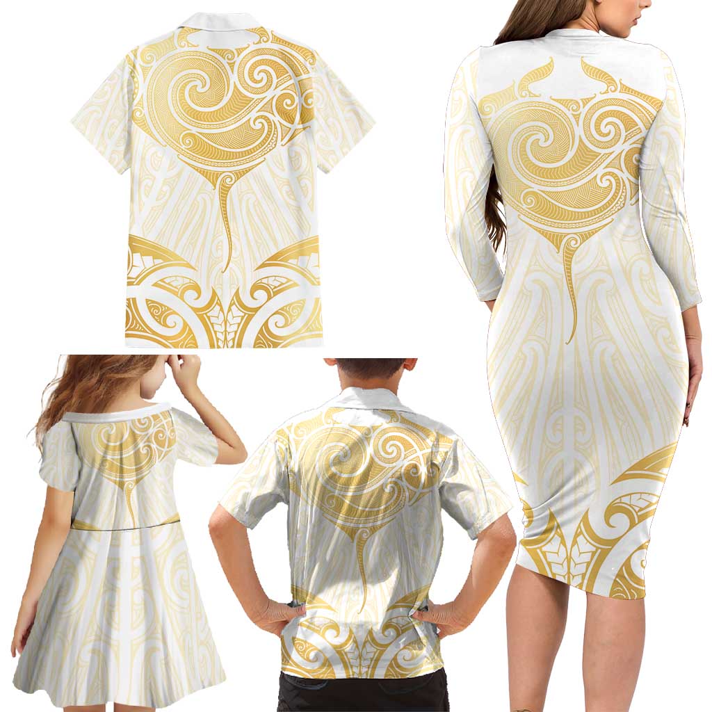 Gold White New Zealand Manta Ray Family Matching Long Sleeve Bodycon Dress and Hawaiian Shirt Aotearoa Maori Haehae - Aussie Hoodie