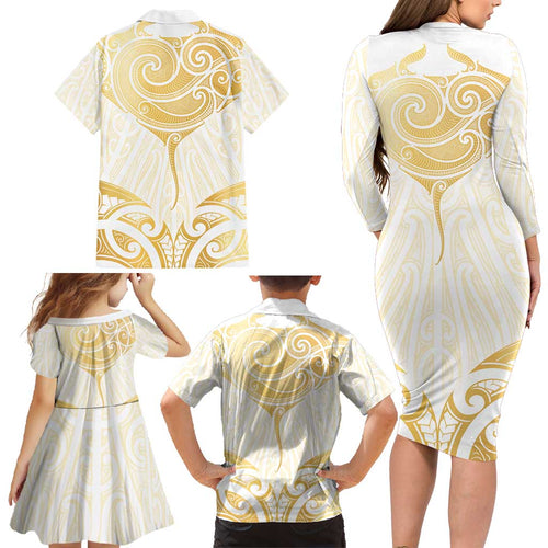 Gold White New Zealand Manta Ray Family Matching Long Sleeve Bodycon Dress and Hawaiian Shirt Aotearoa Maori Haehae - Aussie Hoodie