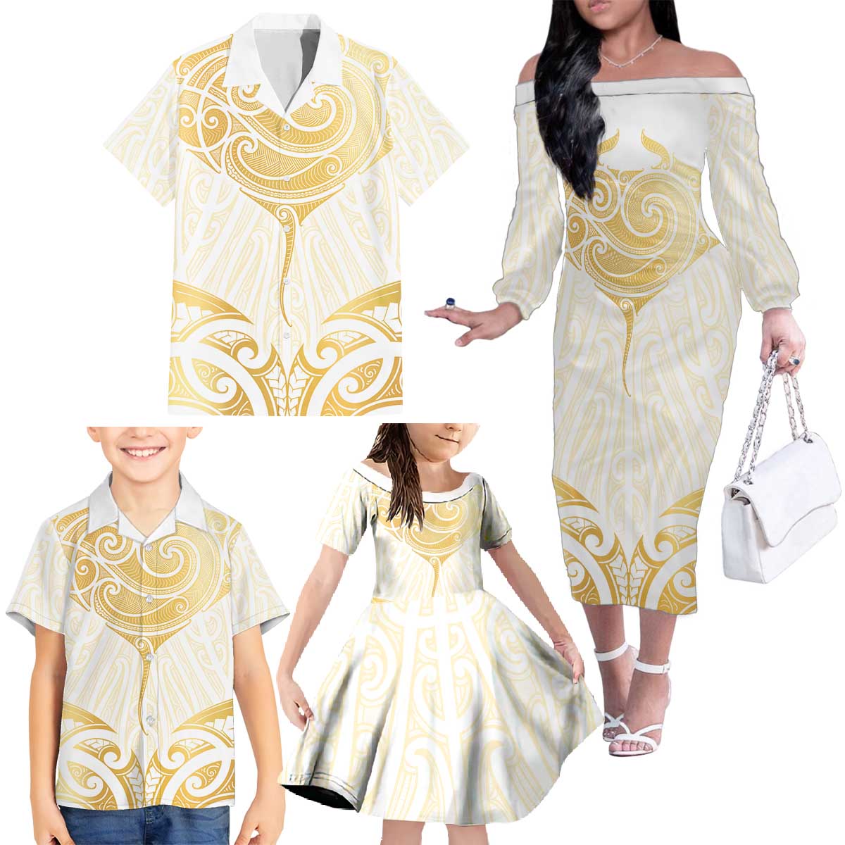Gold White New Zealand Manta Ray Family Matching Off The Shoulder Long Sleeve Dress and Hawaiian Shirt Aotearoa Maori Haehae - Aussie Hoodie
