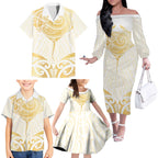 Gold White New Zealand Manta Ray Family Matching Off The Shoulder Long Sleeve Dress and Hawaiian Shirt Aotearoa Maori Haehae - Aussie Hoodie