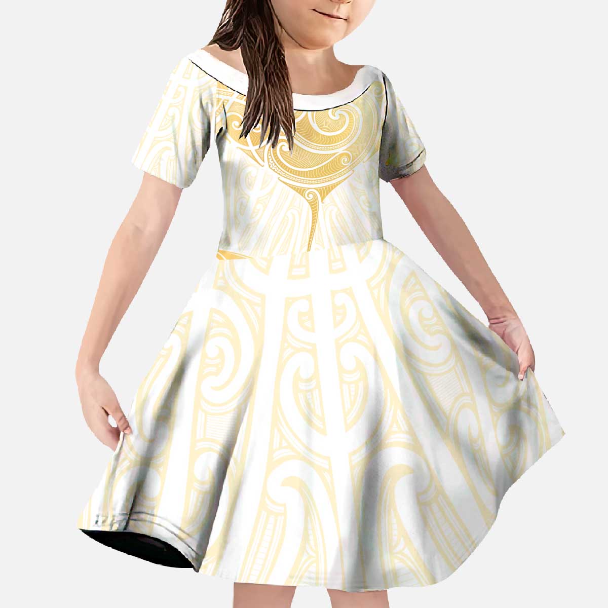 Gold White New Zealand Manta Ray Family Matching Off The Shoulder Long Sleeve Dress and Hawaiian Shirt Aotearoa Maori Haehae - Aussie Hoodie