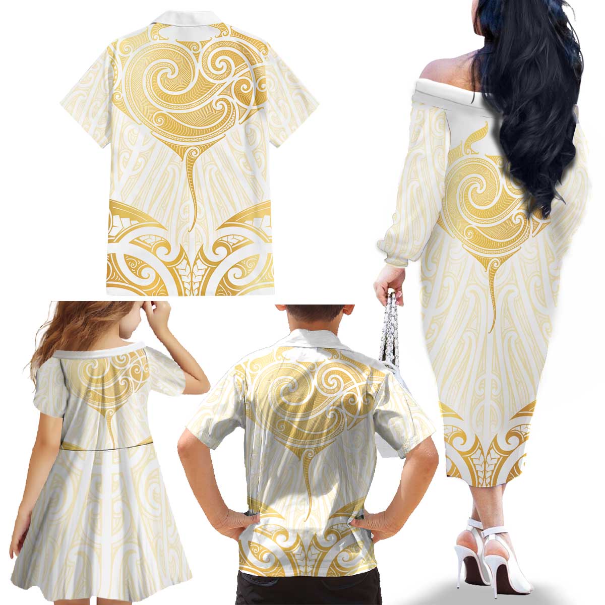 Gold White New Zealand Manta Ray Family Matching Off The Shoulder Long Sleeve Dress and Hawaiian Shirt Aotearoa Maori Haehae - Aussie Hoodie