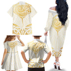 Gold White New Zealand Manta Ray Family Matching Off The Shoulder Long Sleeve Dress and Hawaiian Shirt Aotearoa Maori Haehae - Aussie Hoodie