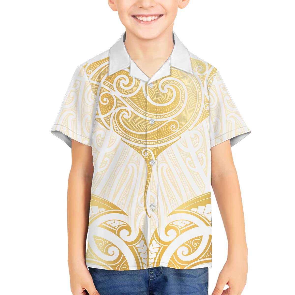 Gold White New Zealand Manta Ray Family Matching Off The Shoulder Long Sleeve Dress and Hawaiian Shirt Aotearoa Maori Haehae - Aussie Hoodie