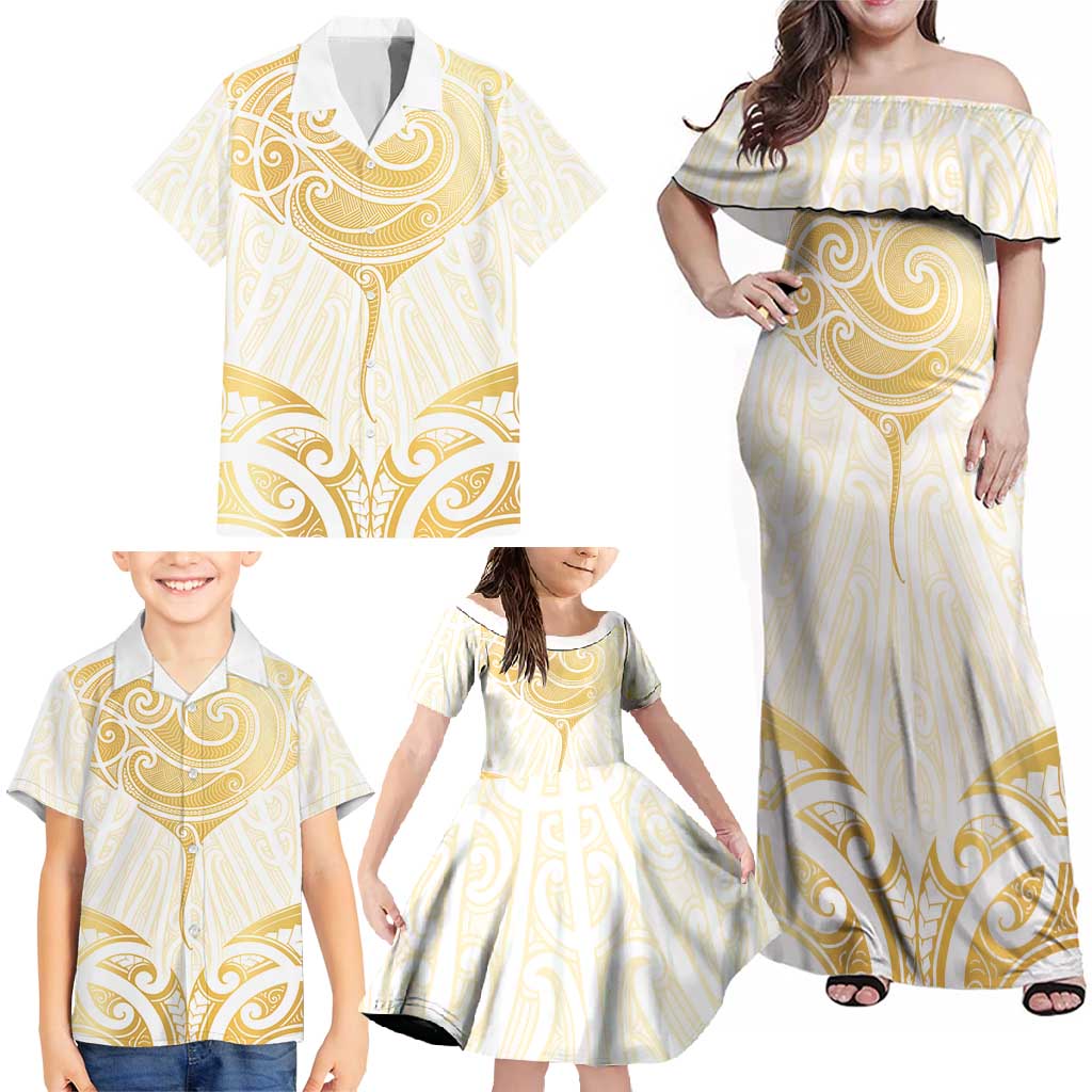 Gold White New Zealand Manta Ray Family Matching Off Shoulder Maxi Dress and Hawaiian Shirt Aotearoa Maori Haehae - Aussie Hoodie