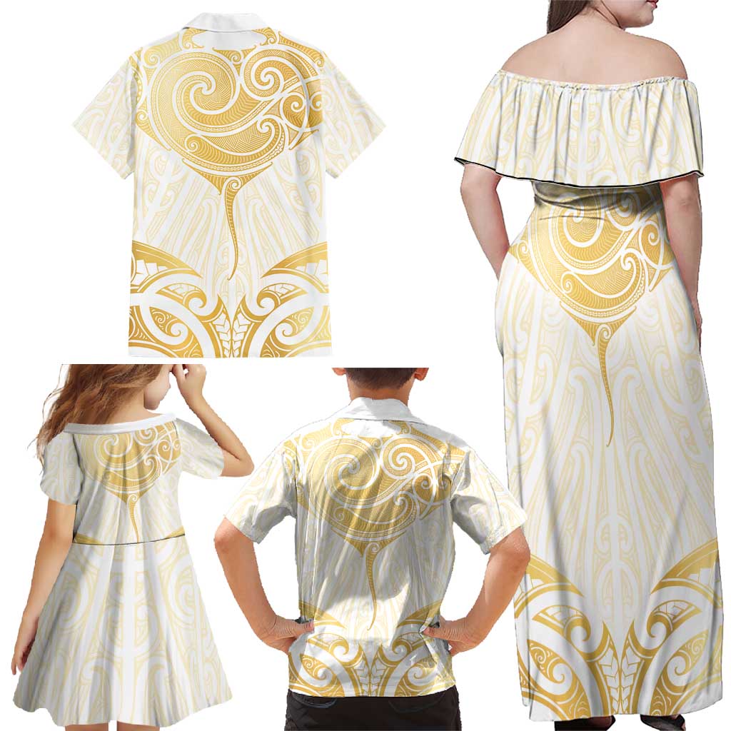Gold White New Zealand Manta Ray Family Matching Off Shoulder Maxi Dress and Hawaiian Shirt Aotearoa Maori Haehae - Aussie Hoodie