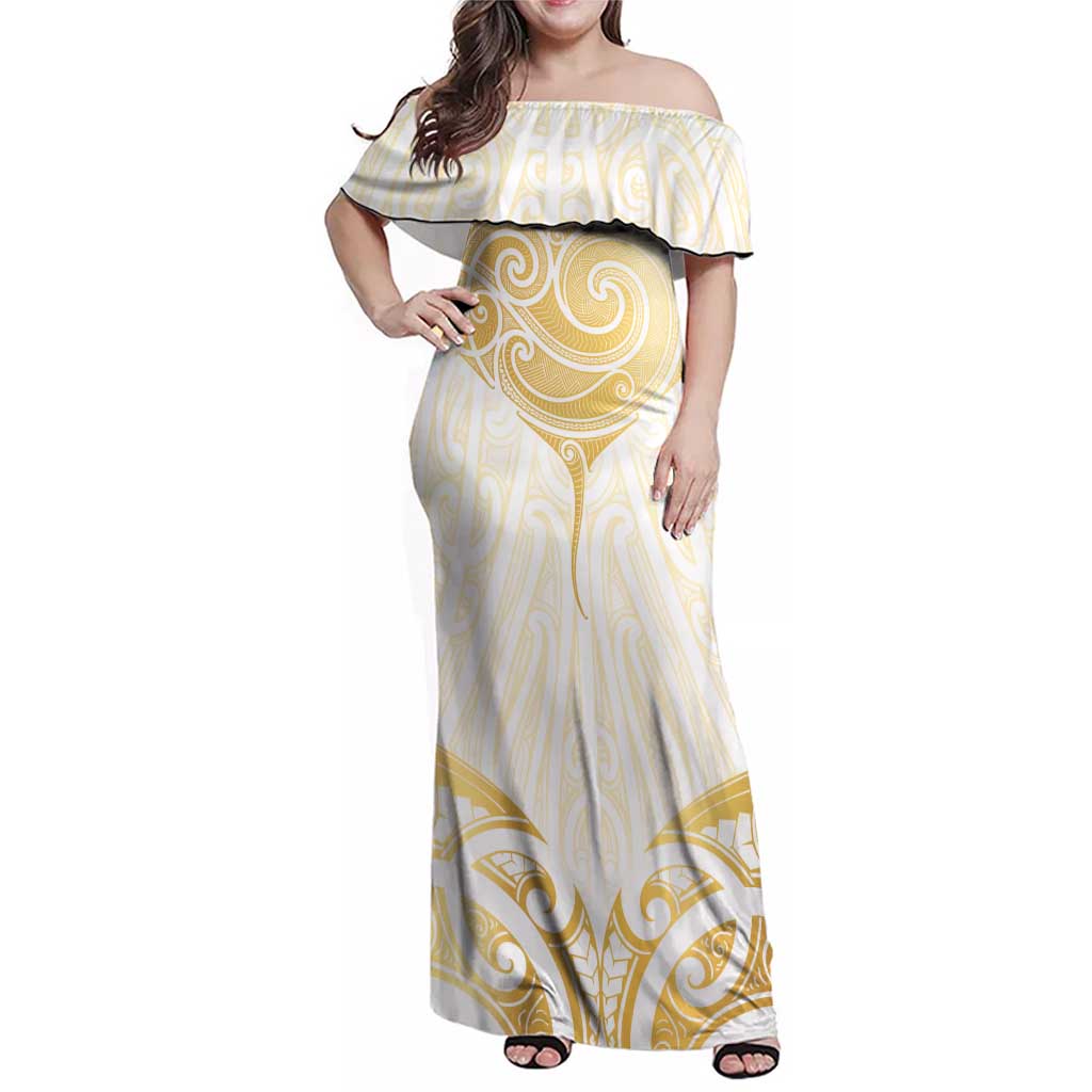 Gold White New Zealand Manta Ray Family Matching Off Shoulder Maxi Dress and Hawaiian Shirt Aotearoa Maori Haehae - Aussie Hoodie