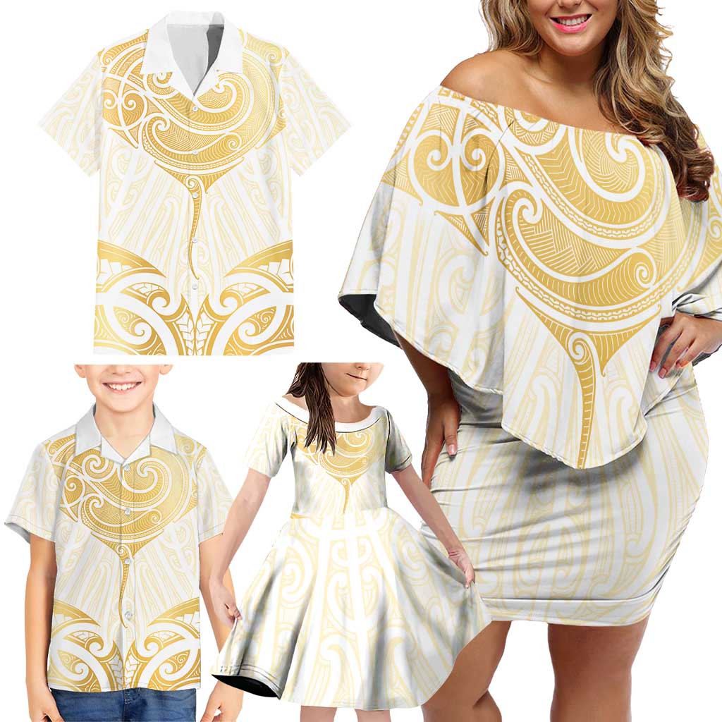 Gold White New Zealand Manta Ray Family Matching Off Shoulder Short Dress and Hawaiian Shirt Aotearoa Maori Haehae - Aussie Hoodie