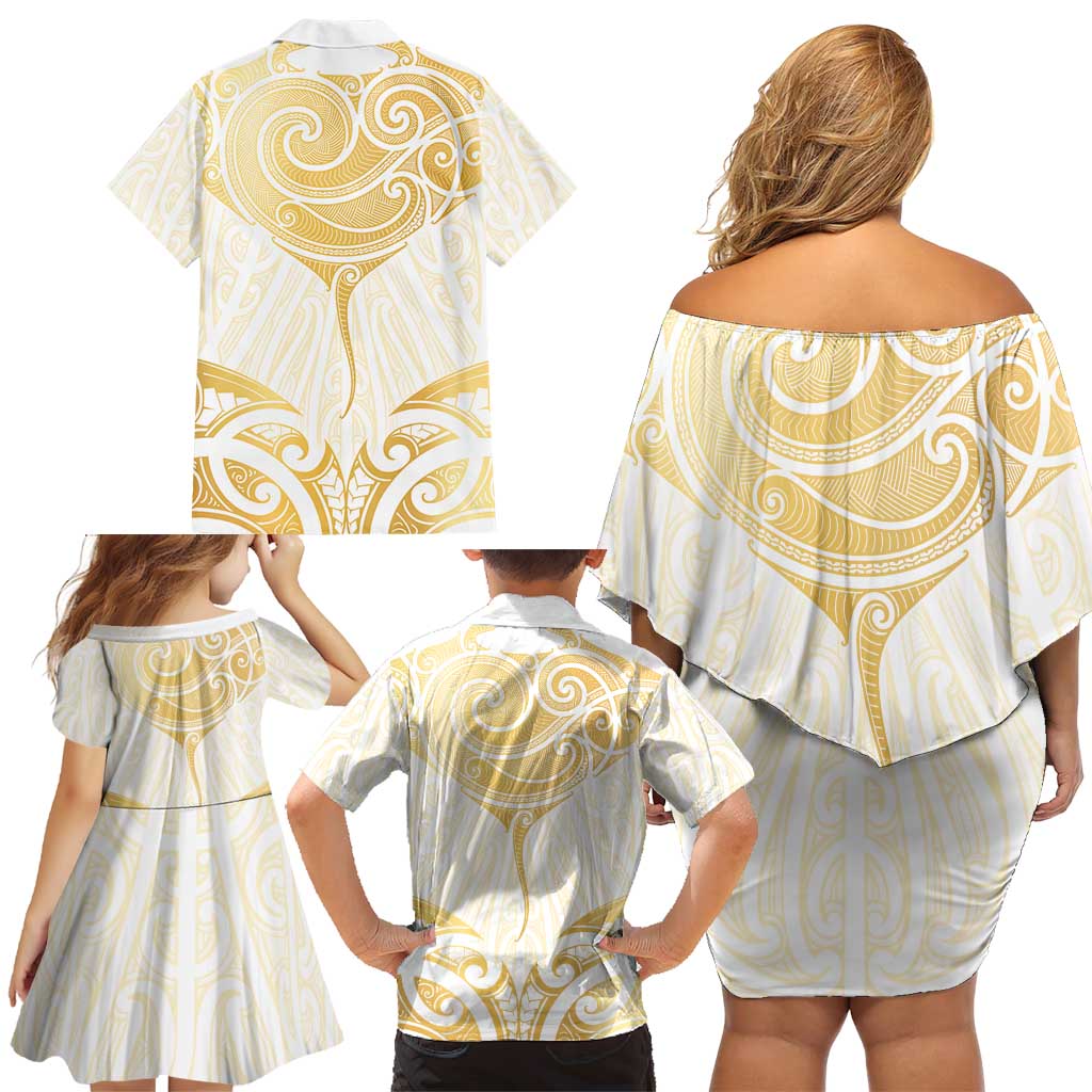Gold White New Zealand Manta Ray Family Matching Off Shoulder Short Dress and Hawaiian Shirt Aotearoa Maori Haehae - Aussie Hoodie
