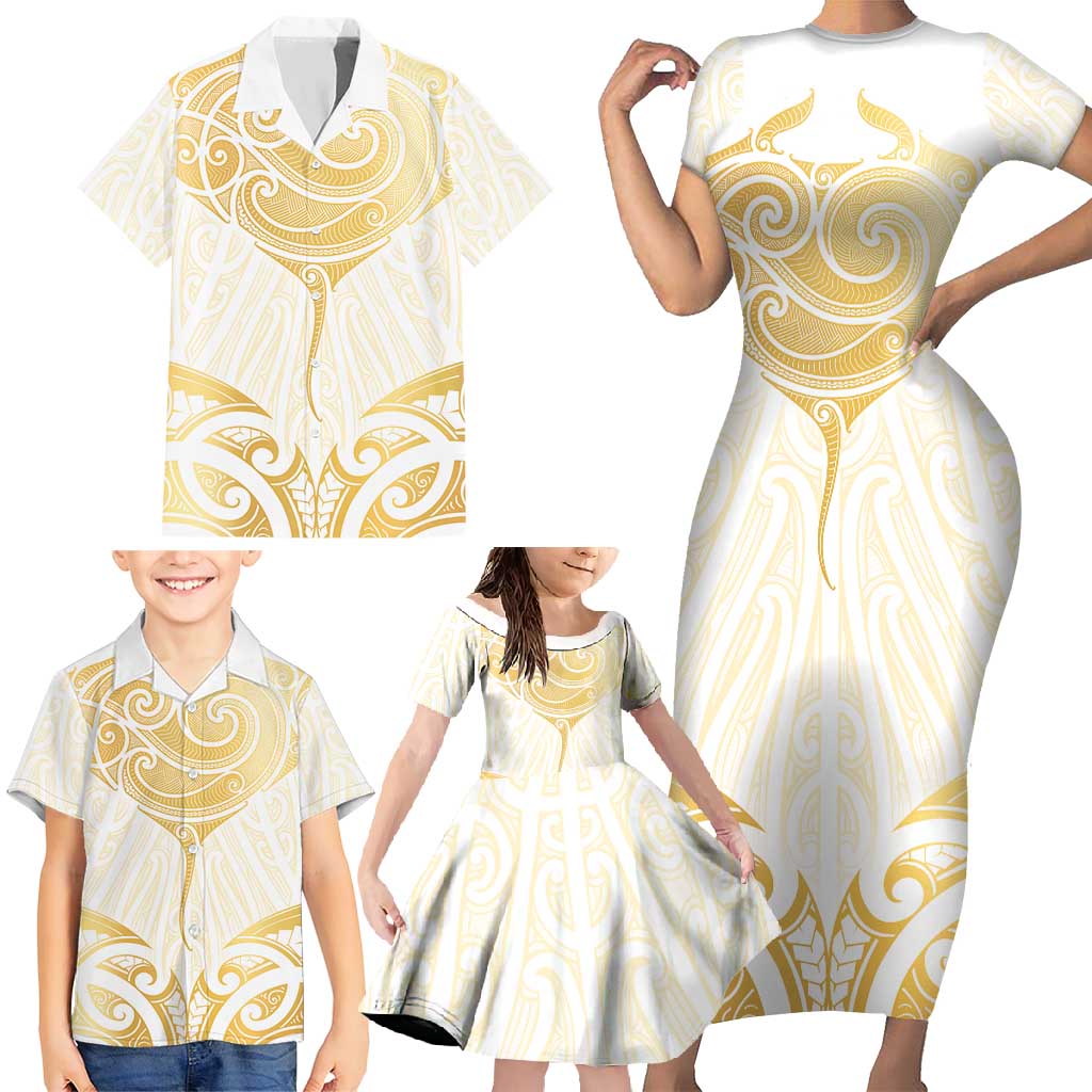 Gold White New Zealand Manta Ray Family Matching Short Sleeve Bodycon Dress and Hawaiian Shirt Aotearoa Maori Haehae - Aussie Hoodie