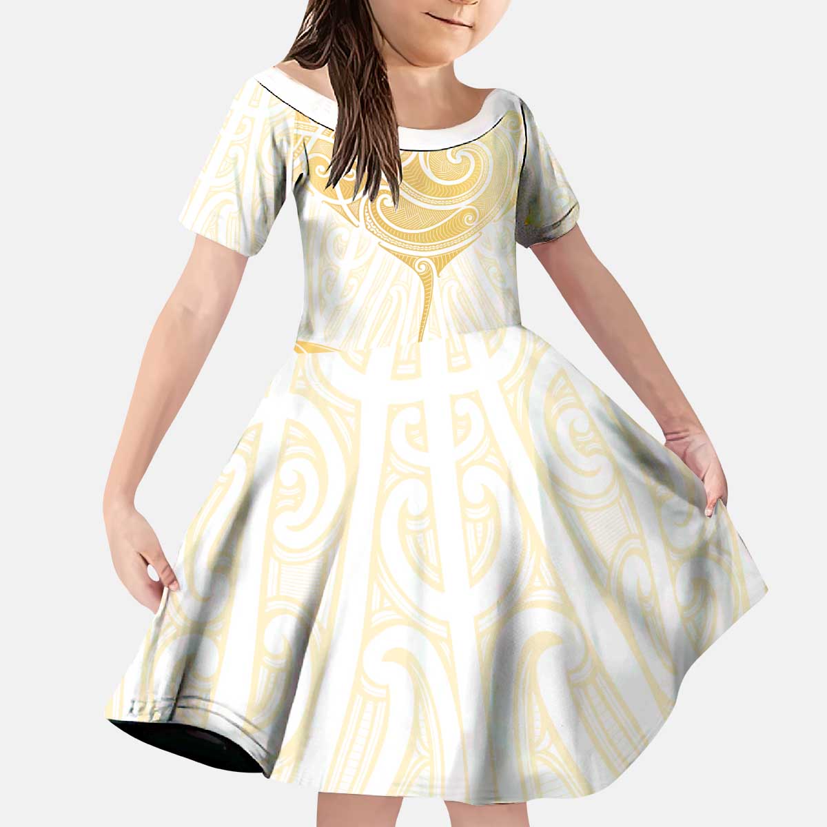 Gold White New Zealand Manta Ray Kid Short Sleeve Dress Aotearoa Maori Haehae - Aussie Hoodie