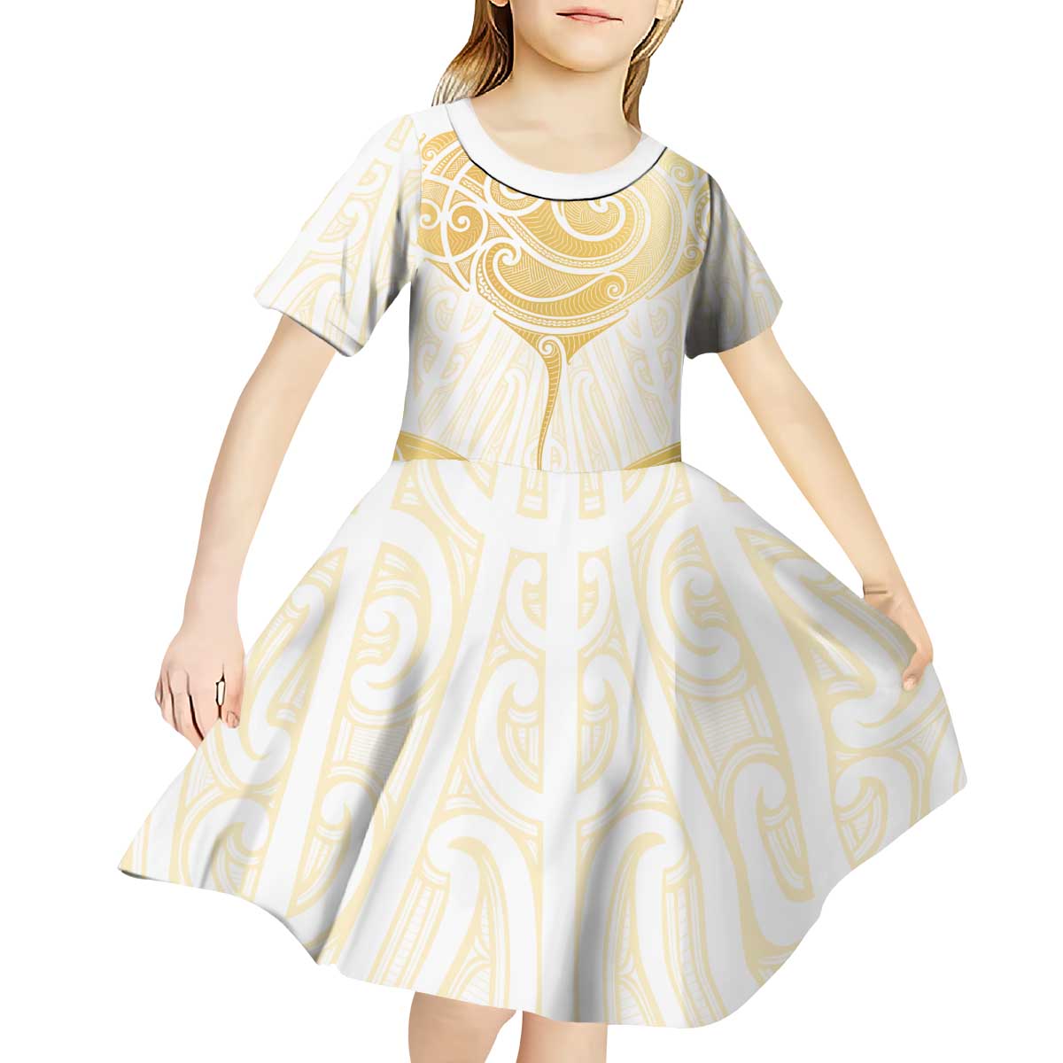 Gold White New Zealand Manta Ray Kid Short Sleeve Dress Aotearoa Maori Haehae - Aussie Hoodie