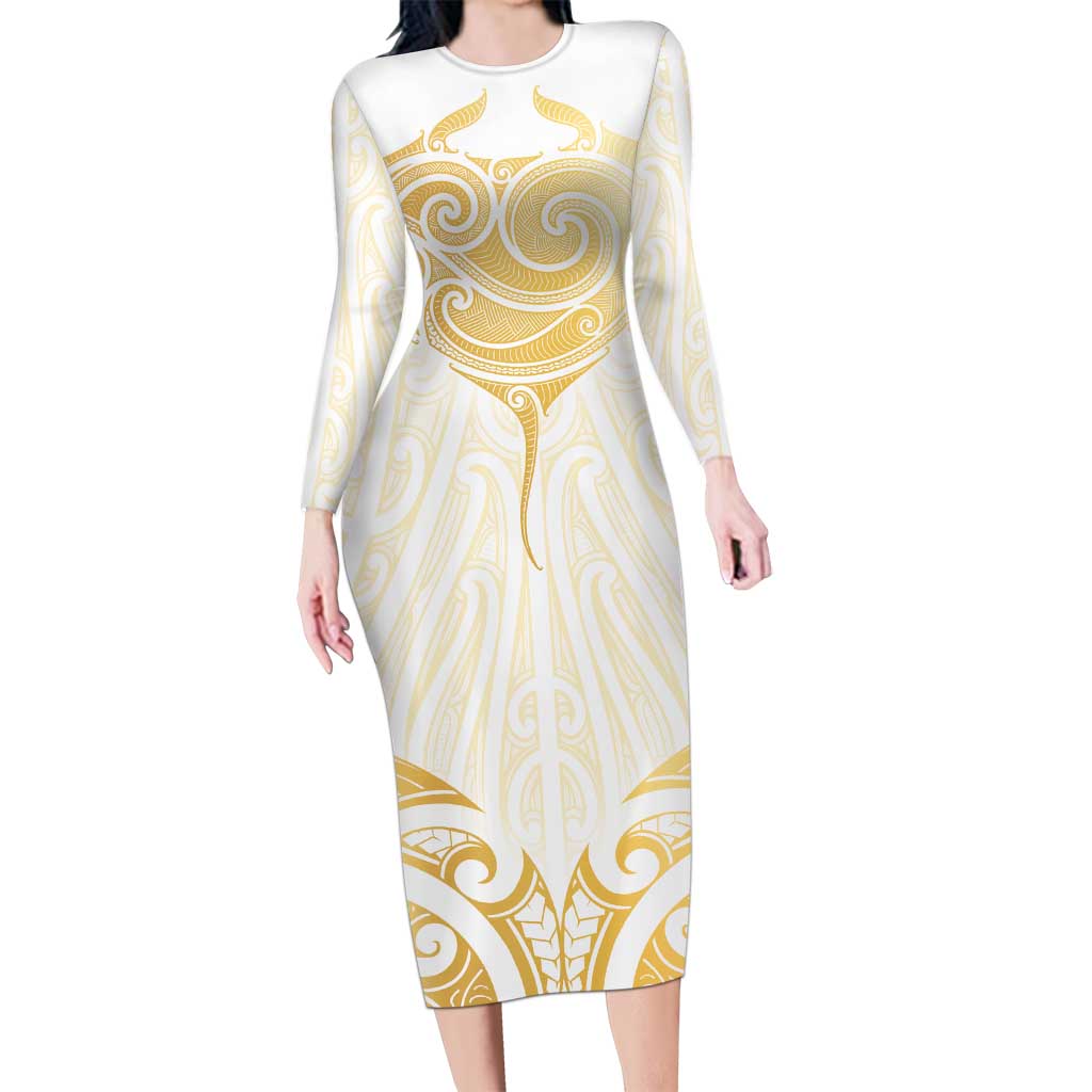 Gold White New Zealand Manta Ray Long Sleeve Bodycon Dress Aotearoa Maori Haehae - Aussie Hoodie