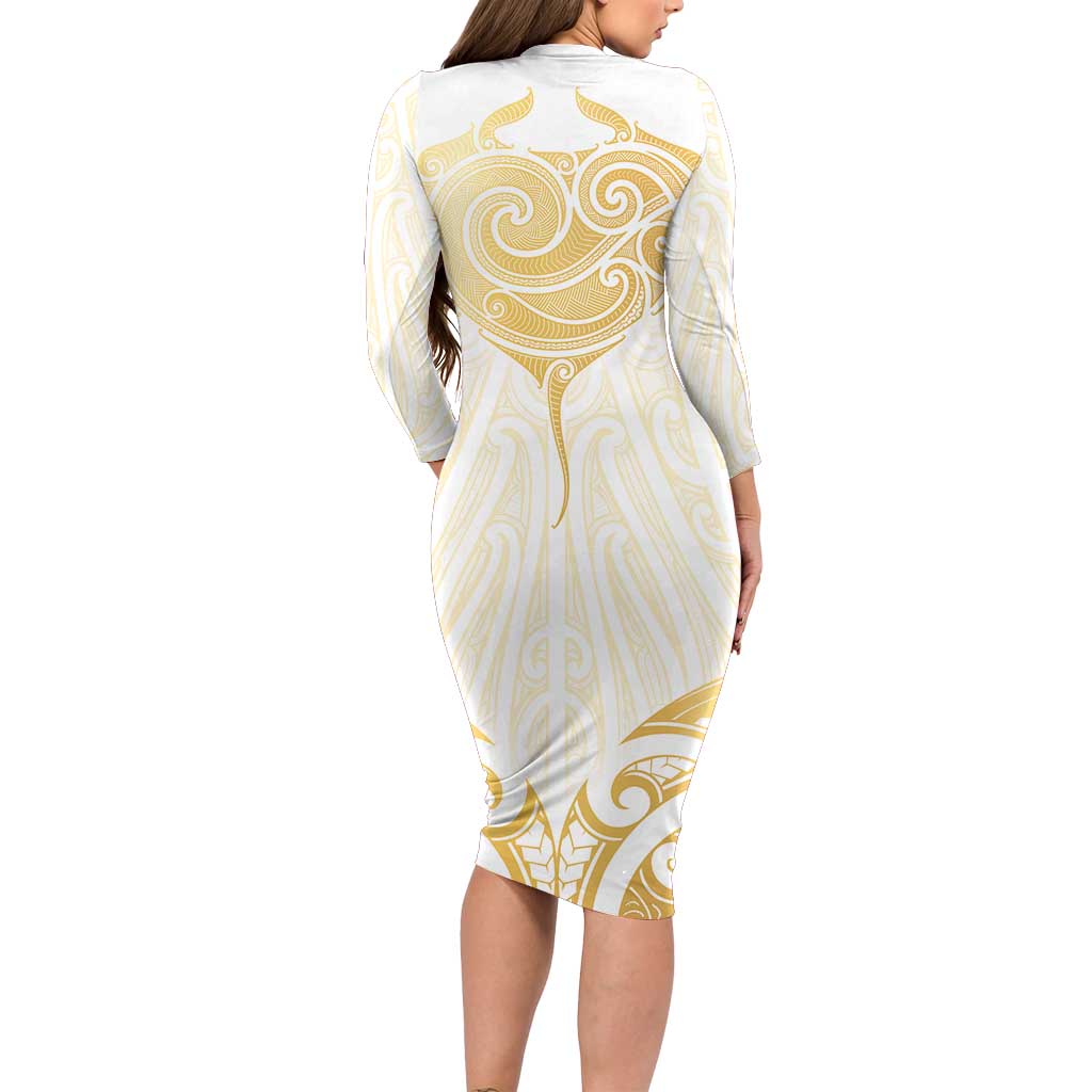 Gold White New Zealand Manta Ray Long Sleeve Bodycon Dress Aotearoa Maori Haehae - Aussie Hoodie