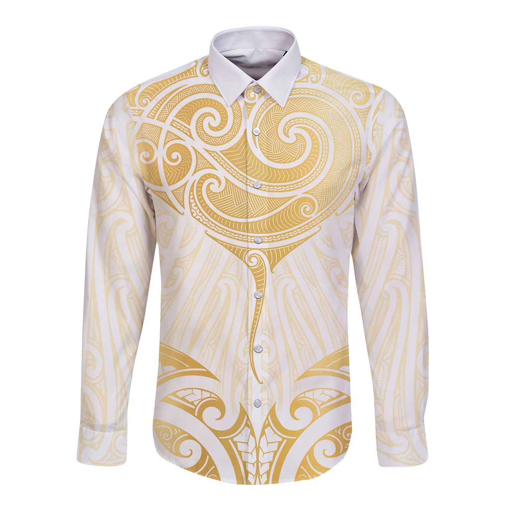 Gold White New Zealand Manta Ray Long Sleeve Button Shirt Aotearoa Maori Haehae - Aussie Hoodie