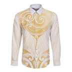 Gold White New Zealand Manta Ray Long Sleeve Button Shirt Aotearoa Maori Haehae - Aussie Hoodie