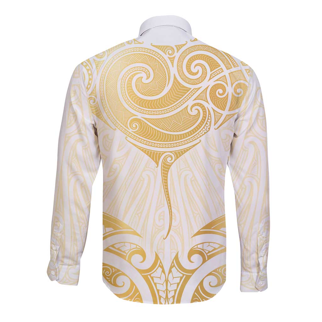 Gold White New Zealand Manta Ray Long Sleeve Button Shirt Aotearoa Maori Haehae - Aussie Hoodie