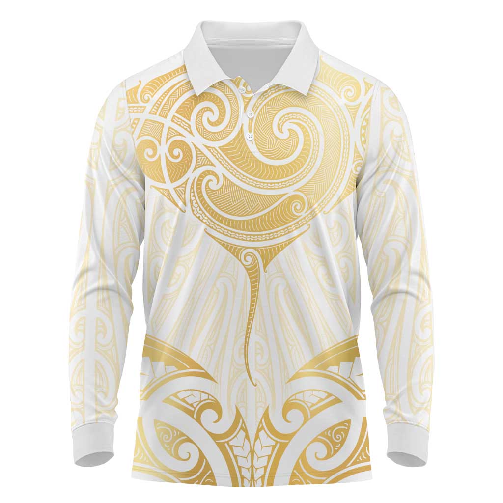 Gold White New Zealand Manta Ray Long Sleeve Polo Shirt Aotearoa Maori Haehae - Aussie Hoodie