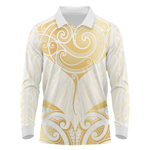 Gold White New Zealand Manta Ray Long Sleeve Polo Shirt Aotearoa Maori Haehae - Aussie Hoodie