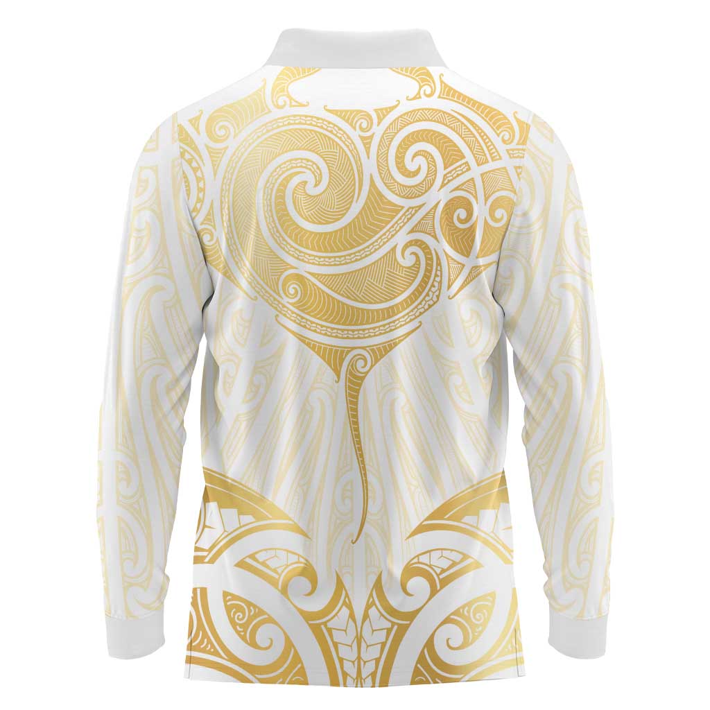 Gold White New Zealand Manta Ray Long Sleeve Polo Shirt Aotearoa Maori Haehae - Aussie Hoodie