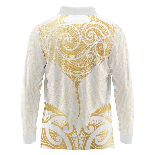 Gold White New Zealand Manta Ray Long Sleeve Polo Shirt Aotearoa Maori Haehae - Aussie Hoodie