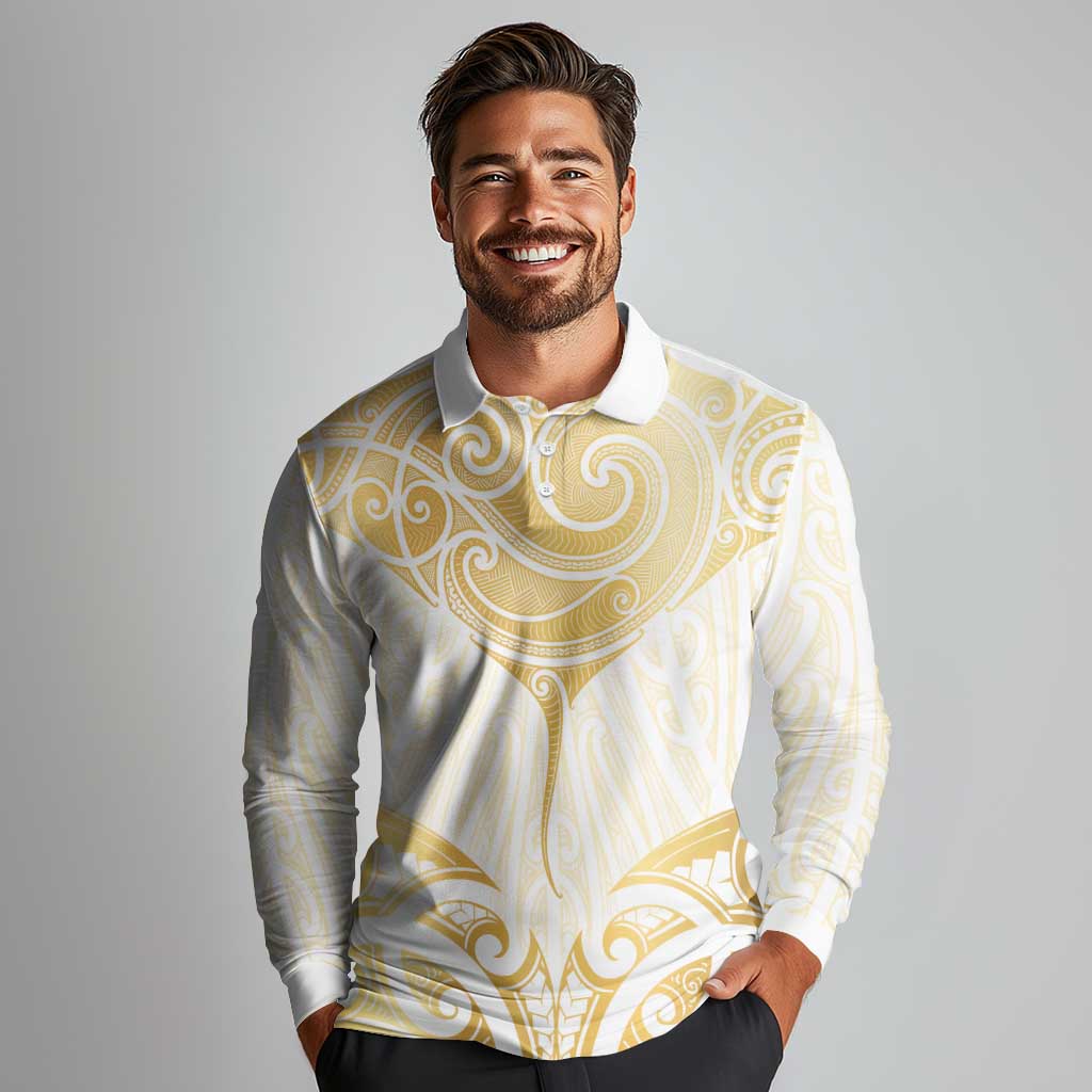 Gold White New Zealand Manta Ray Long Sleeve Polo Shirt Aotearoa Maori Haehae - Aussie Hoodie