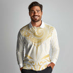 Gold White New Zealand Manta Ray Long Sleeve Polo Shirt Aotearoa Maori Haehae - Aussie Hoodie