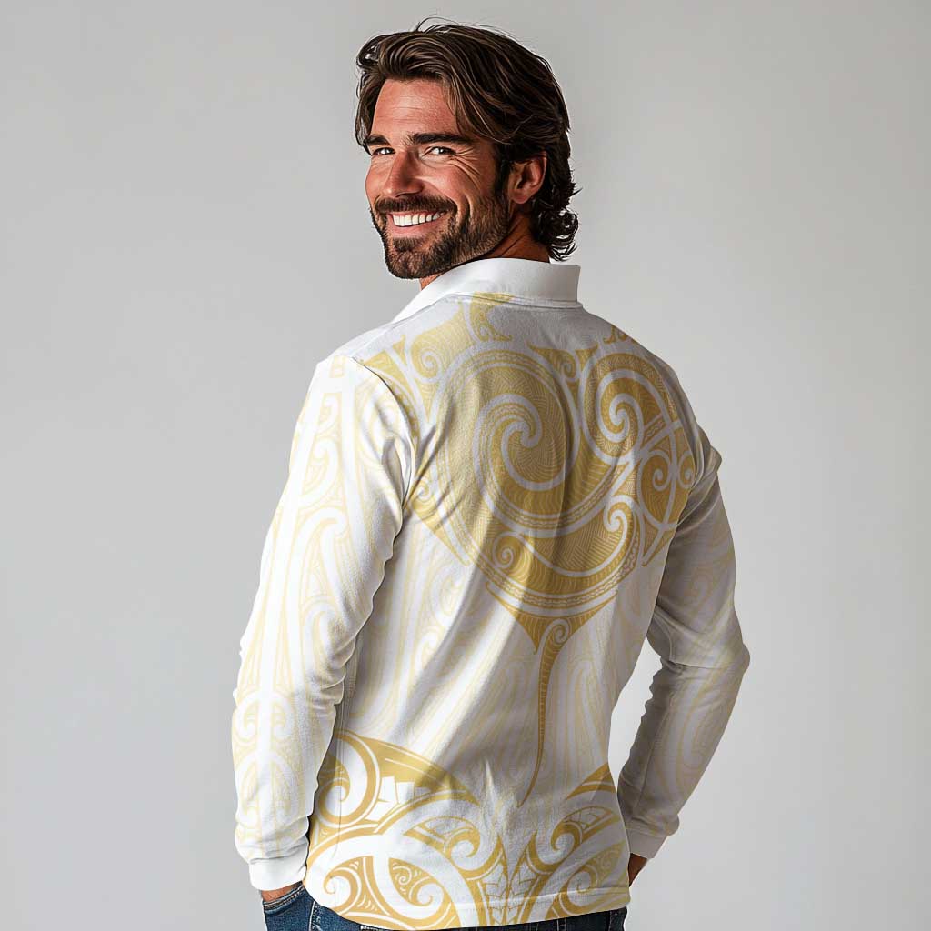 Gold White New Zealand Manta Ray Long Sleeve Polo Shirt Aotearoa Maori Haehae - Aussie Hoodie
