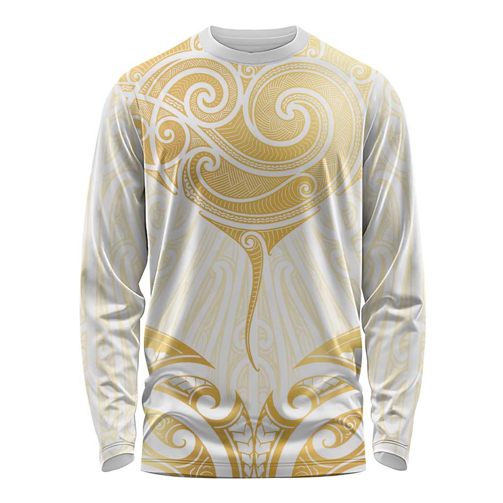Gold White New Zealand Manta Ray Long Sleeve Shirt Aotearoa Maori Haehae - Aussie Hoodie