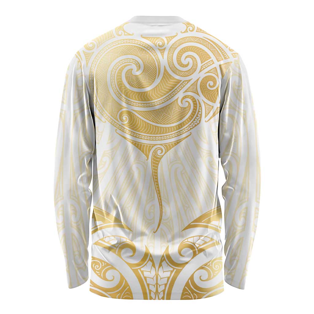 Gold White New Zealand Manta Ray Long Sleeve Shirt Aotearoa Maori Haehae - Aussie Hoodie