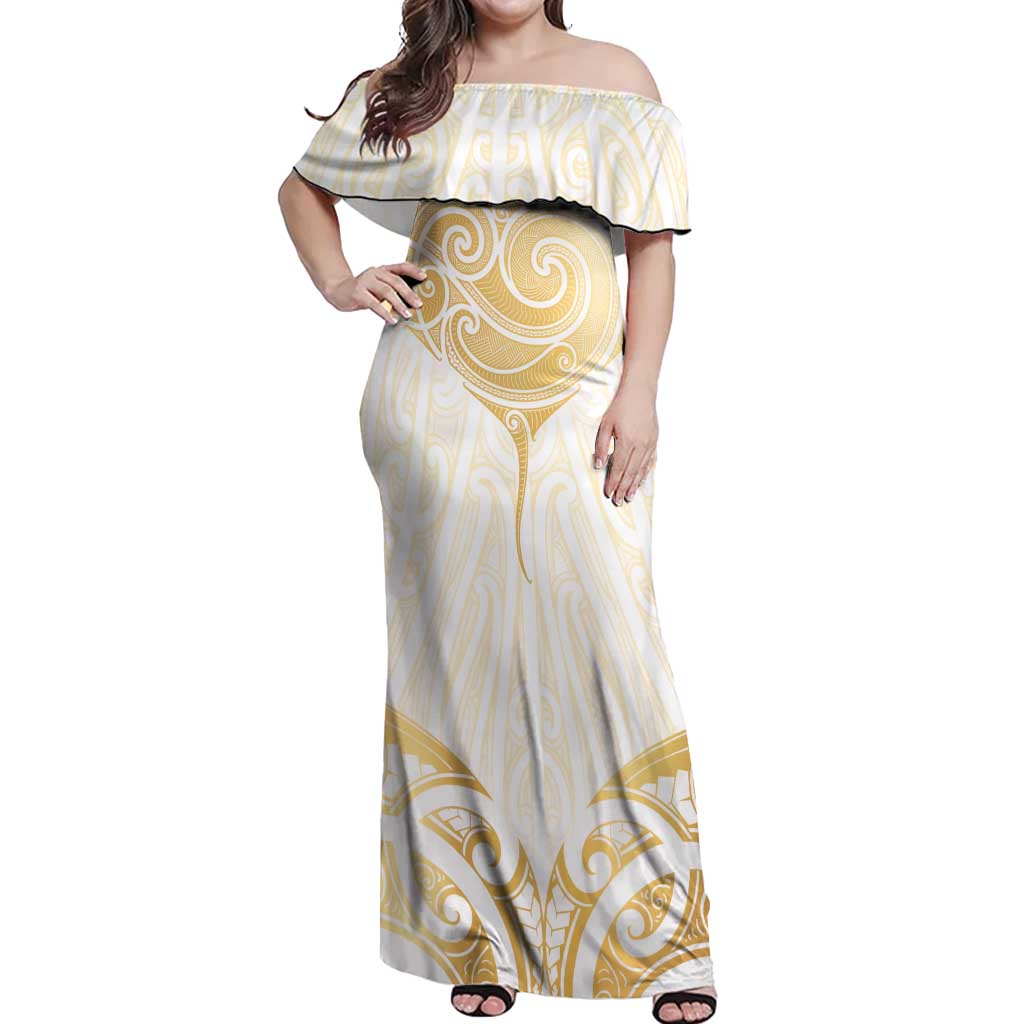 Gold White New Zealand Manta Ray Off Shoulder Maxi Dress Aotearoa Maori Haehae - Aussie Hoodie