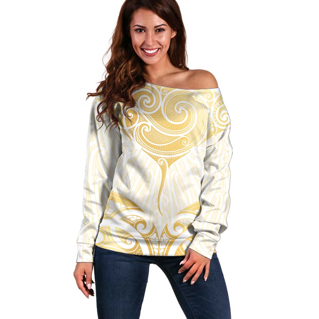 Gold White New Zealand Manta Ray Off Shoulder Sweater Aotearoa Maori Haehae - Aussie Hoodie