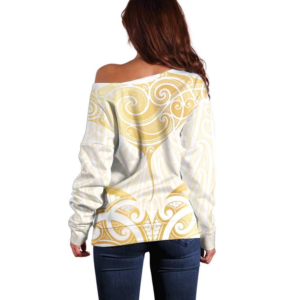 Gold White New Zealand Manta Ray Off Shoulder Sweater Aotearoa Maori Haehae - Aussie Hoodie