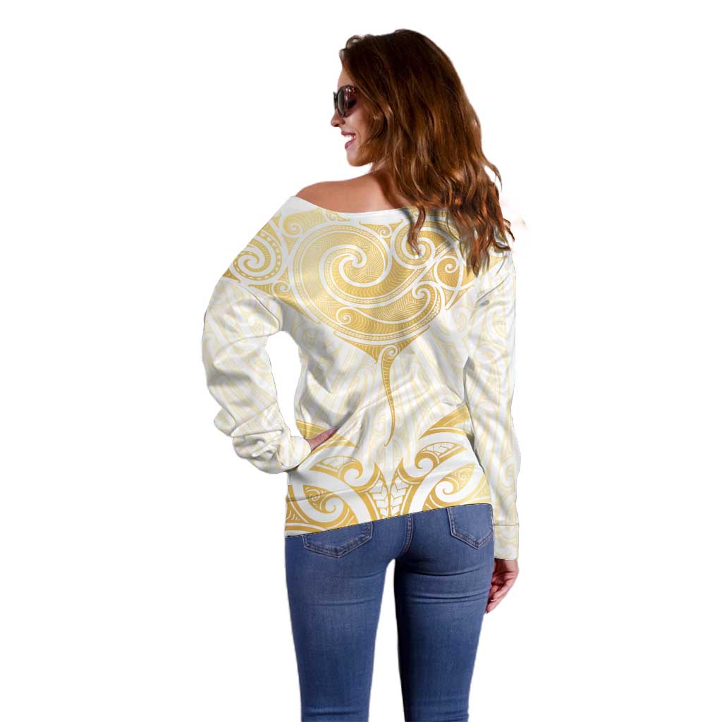 Gold White New Zealand Manta Ray Off Shoulder Sweater Aotearoa Maori Haehae - Aussie Hoodie