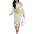 Gold White New Zealand Manta Ray Off The Shoulder Long Sleeve Dress Aotearoa Maori Haehae - Aussie Hoodie