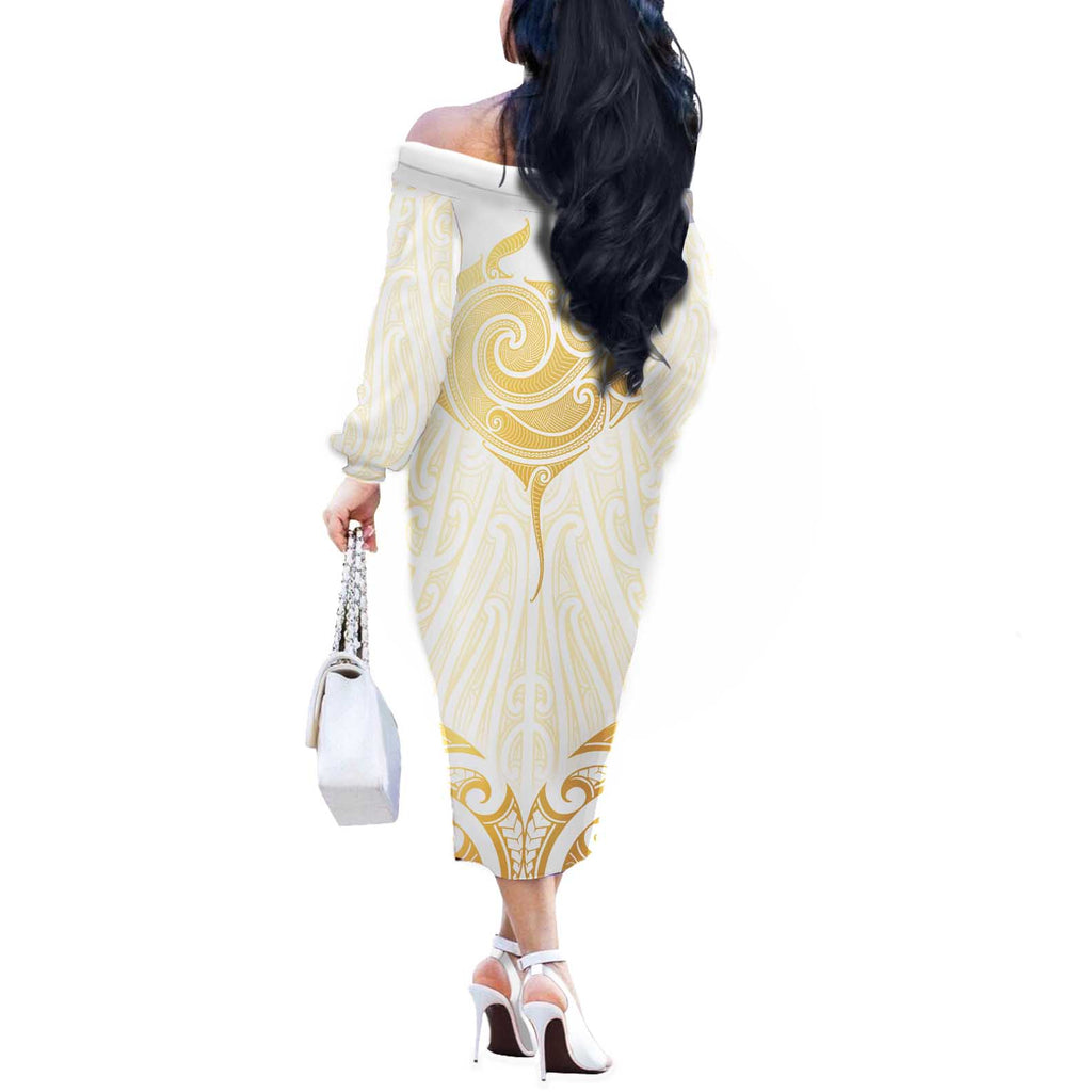 Gold White New Zealand Manta Ray Off The Shoulder Long Sleeve Dress Aotearoa Maori Haehae - Aussie Hoodie