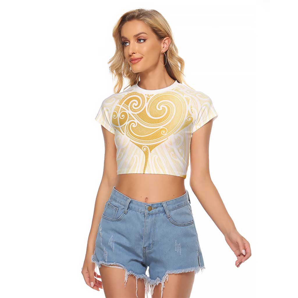 Gold White New Zealand Manta Ray Raglan Cropped T Shirt Aotearoa Maori Haehae - Aussie Hoodie