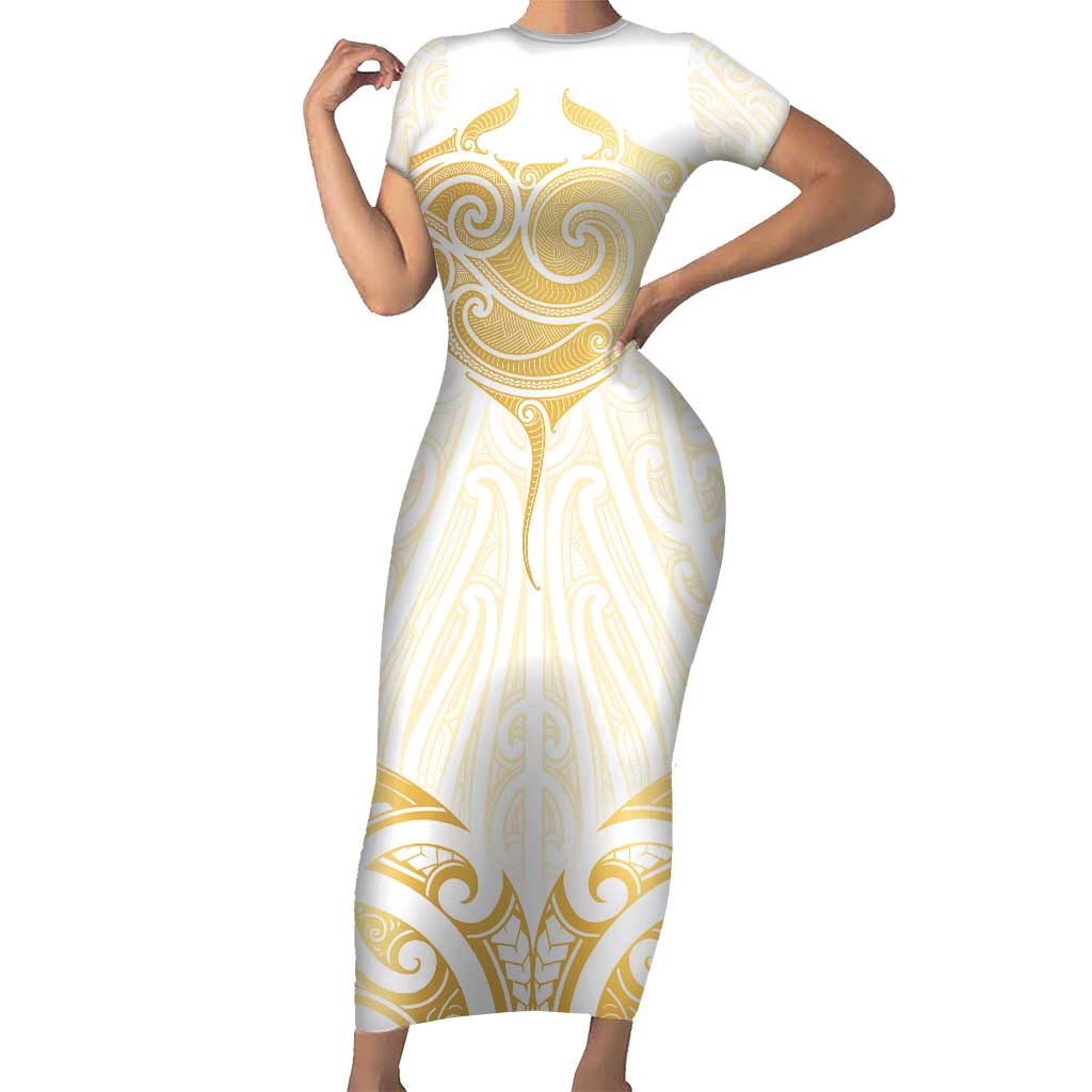 Gold White New Zealand Manta Ray Short Sleeve Bodycon Dress Aotearoa Maori Haehae - Aussie Hoodie