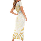 Gold White New Zealand Manta Ray Short Sleeve Bodycon Dress Aotearoa Maori Haehae - Aussie Hoodie