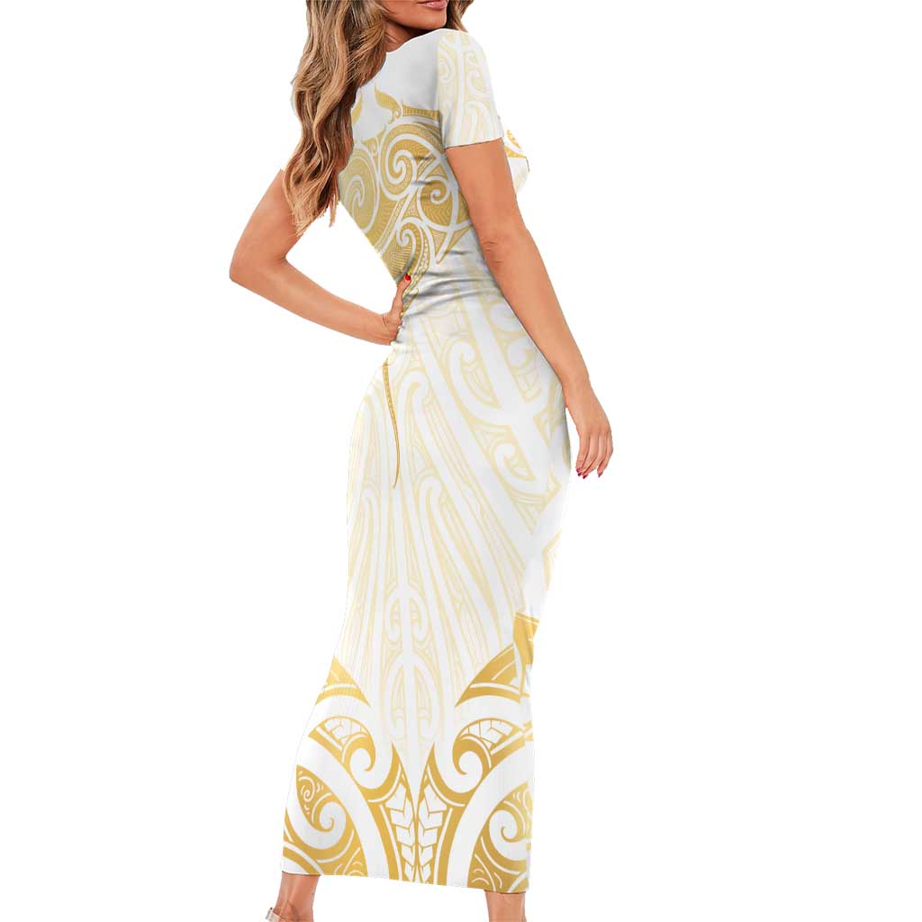 Gold White New Zealand Manta Ray Short Sleeve Bodycon Dress Aotearoa Maori Haehae - Aussie Hoodie