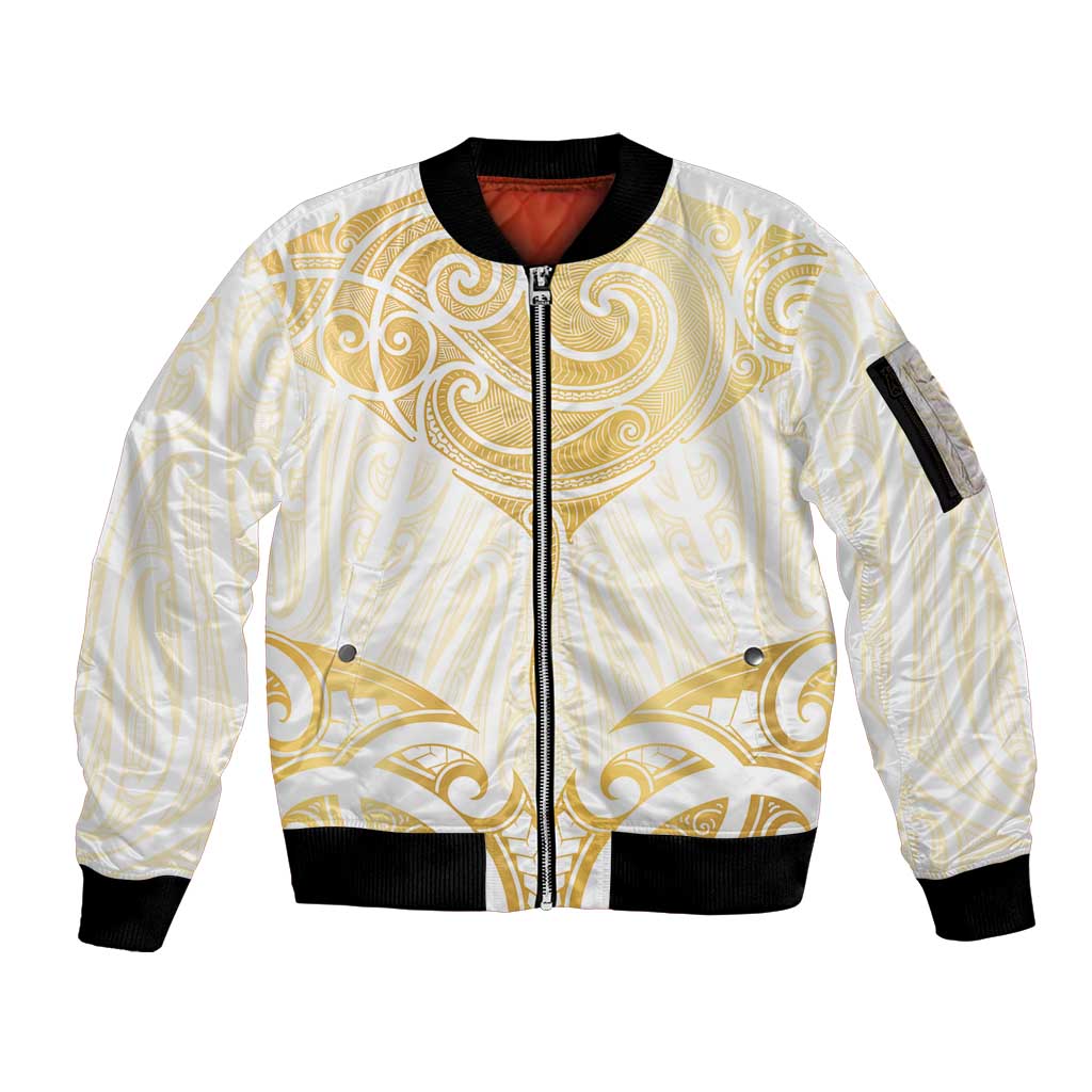 Gold White New Zealand Manta Ray Sleeve Zip Bomber Jacket Aotearoa Maori Haehae - Aussie Hoodie